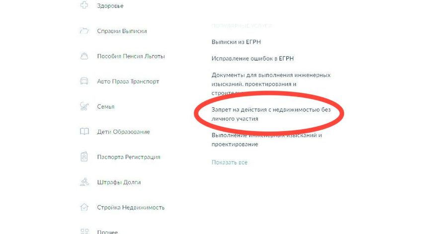 скриншот раздела «Защита недвижимости» на портале Госуслуги.