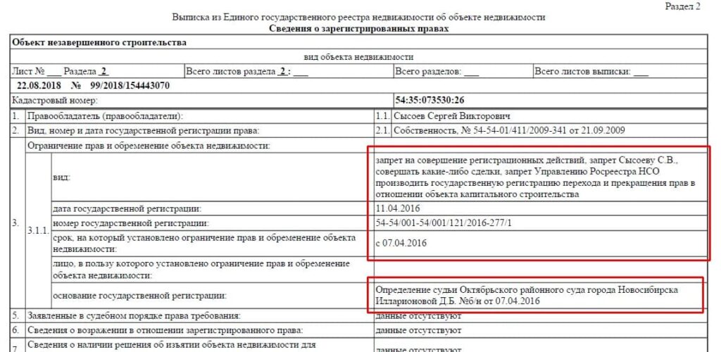 пример выписки ЕГРН с отметкой о запрете регистрационных действий.